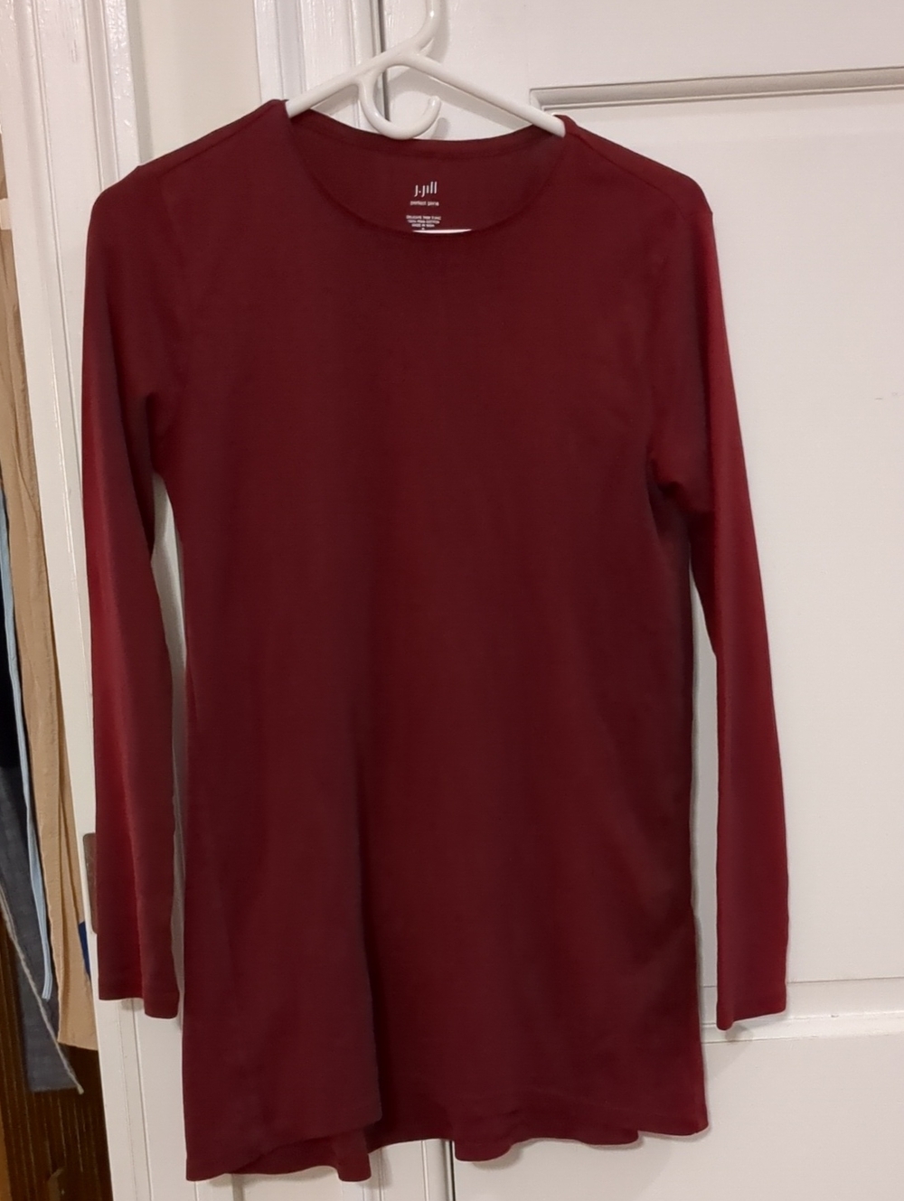 J. Jill Long Sleeve Crewneck Top Burgundy Pima Cotton Small S Dark Red Tunic Tee
